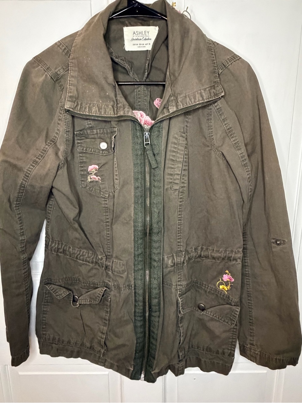 Ashley By 26 International Olive Green Utility Jacket with Floral Embroidery